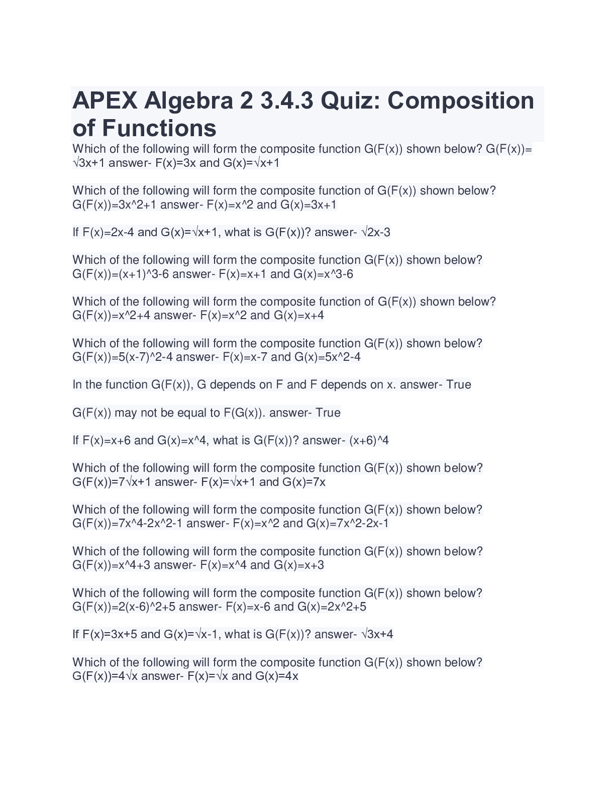 APEX Algebra 2 3.4.3 Quiz Composition of Functions Browsegrades